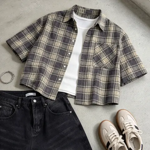 Men's Loose-Fit Plaid Short Sleeve Shirt, Button Front Crop Top, Casual Fashion for Daily Wear, Fall, Halloween Costume, Menswear