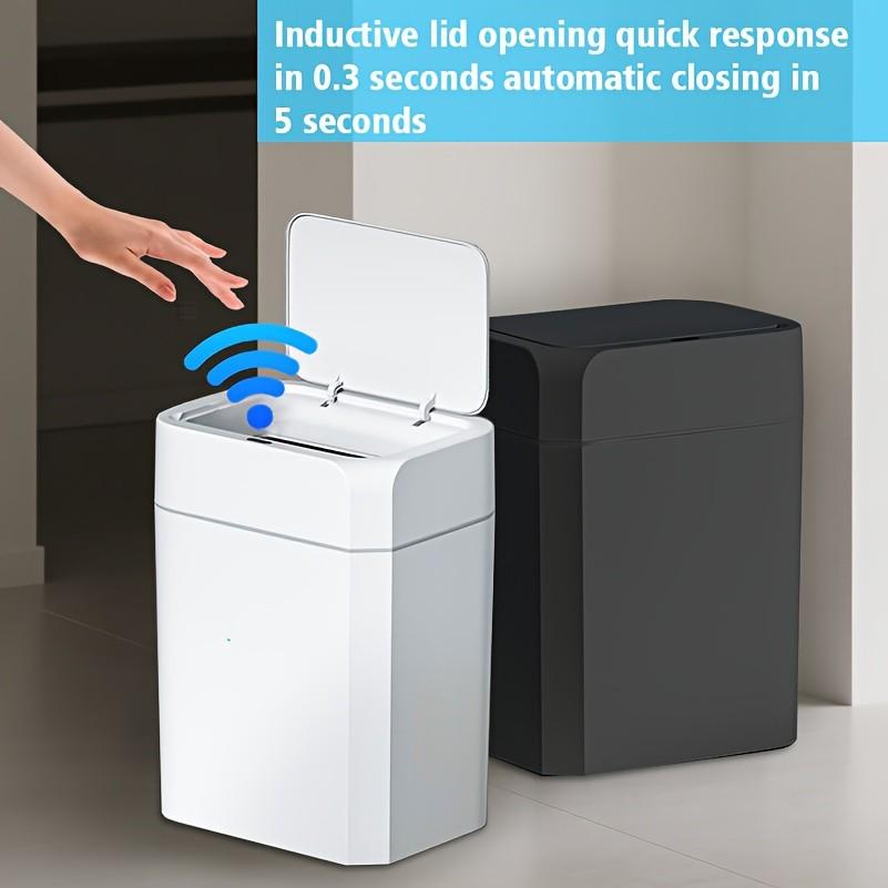 Touchless Trash Can, 3.43 & 5.02 GAL sizes available, automatic motion sensor garbage bin, hands-free soft-close lid, slim plastic body with odor-sealing design, suitable for kitchen, bathroom, office, hotel, requires 2 AA batteries (not included).