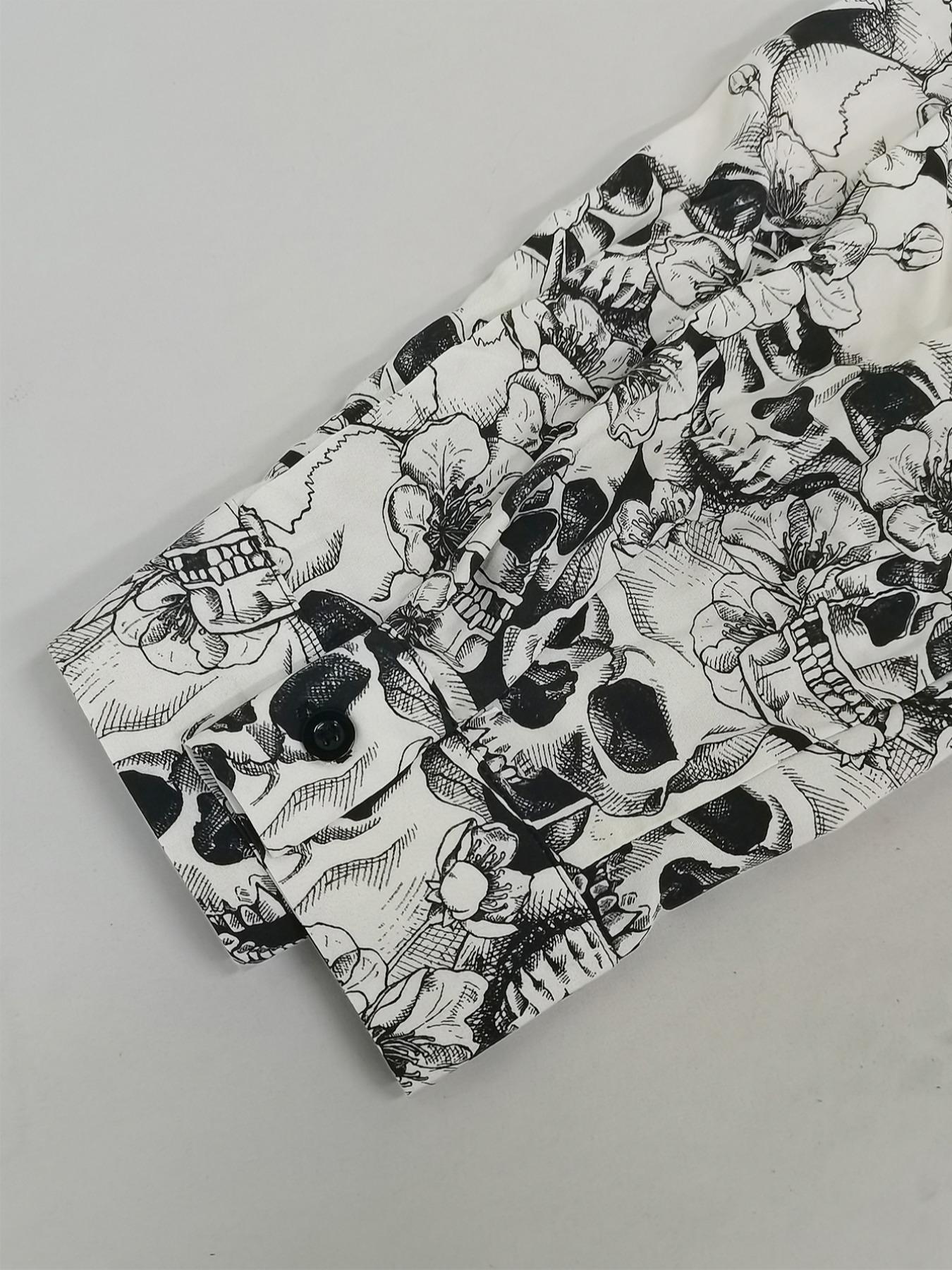 Women's All Over Skull Print Button Front Shirt, Casual Long Sleeve Collared Top for Daily Wear, Ladies Clothes for All Seasons