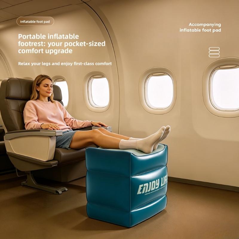 Portable inflatable foot mat pillow, adjustable height PVC travel footrest, suitable for airplanes, trains, cars, home, and office, ergonomically designed leg elevation pad, ideal for long flights, sleeping, relaxing, reducing swelling and fatigue