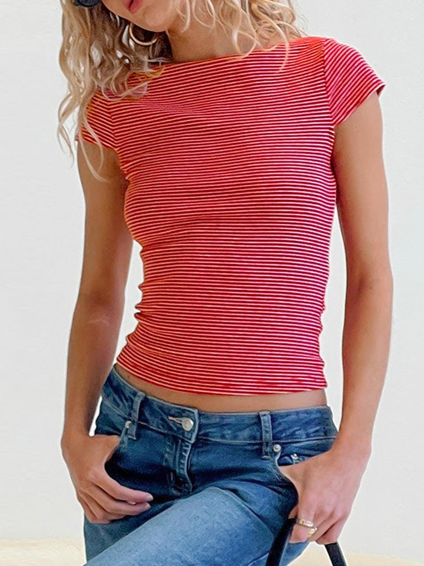 Striped Backless Short Sleeve T-Shirt Casual Summer Top Women's Fashion Tee