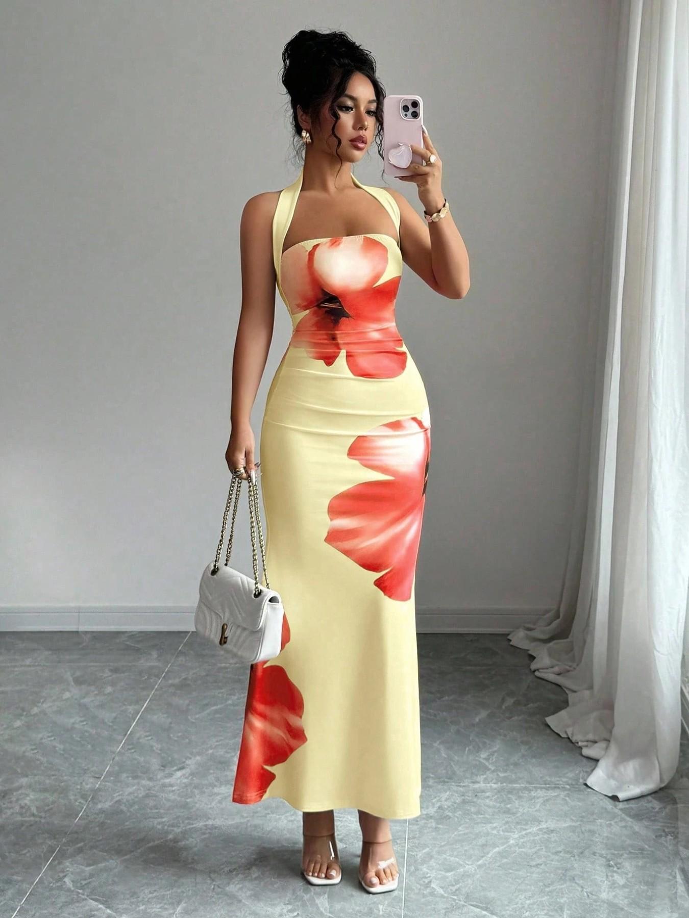 Women's Printed Halter Neck Sleeveless Slim Fit Dress, Bodycon Party Gown, Elegant and Stylish Design, Perfect for Formal Special Occasions, High-Quality Material, Dresses For Party