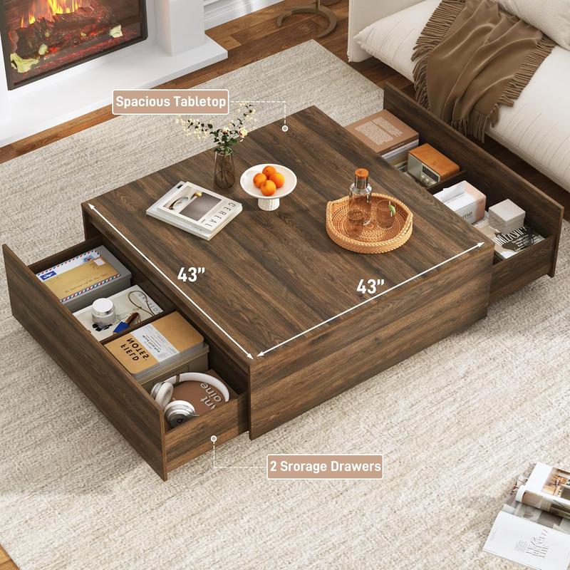 Square Coffee Table with Storage, Modern Large Square Center Table with 2 Drawers, Wood Coffee Table for Living Room, Walnut/Light Brown