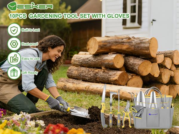 Nilight Gardening Tools 10-Piece Heavy Duty Garden Tool Set Gardening Supplies Gifts for Women Men Gardening Hand Tool Kit w Non-Slip Ergonomic Handle, Garden Bag, Durable Gloves, Pruning Shears, Gray