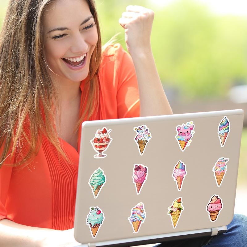 50 sheets colorful ice cream cone stickers, featuring an Instagram-inspired summer theme, showcasing cute designs of chocolate ice cream cones and graffiti-style stickers