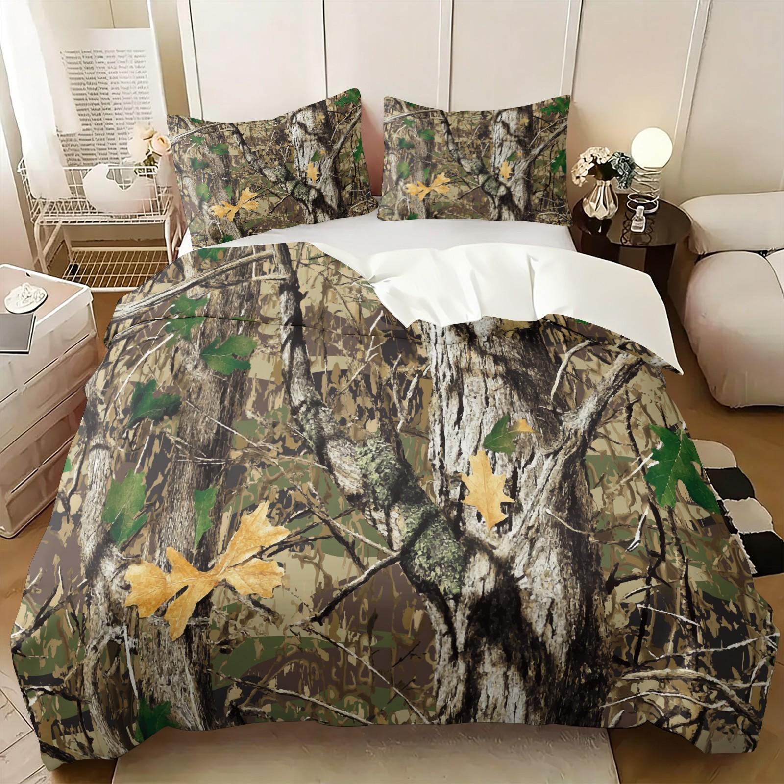 Rustic Hunting Forest Camo Duvet Cover Set, Includes 1 Duvet Cover and 1-2 Pillowcases, Woodland Forest Leaf Camouflage Print Bedding Set, Outdoor Hunter Themed Bedroom Decor for Cabin, Farmhouse & Masculine Men Spaces, Comfy Bedding Set