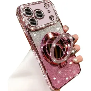 for iPhone 17 Pro Max,[Compatible with Magsafe] Cute Bling Sparkly Rhinestones with Camera Protector Makeup Mirror Women Girls Case for iPhone 17 Pro Max, Pink