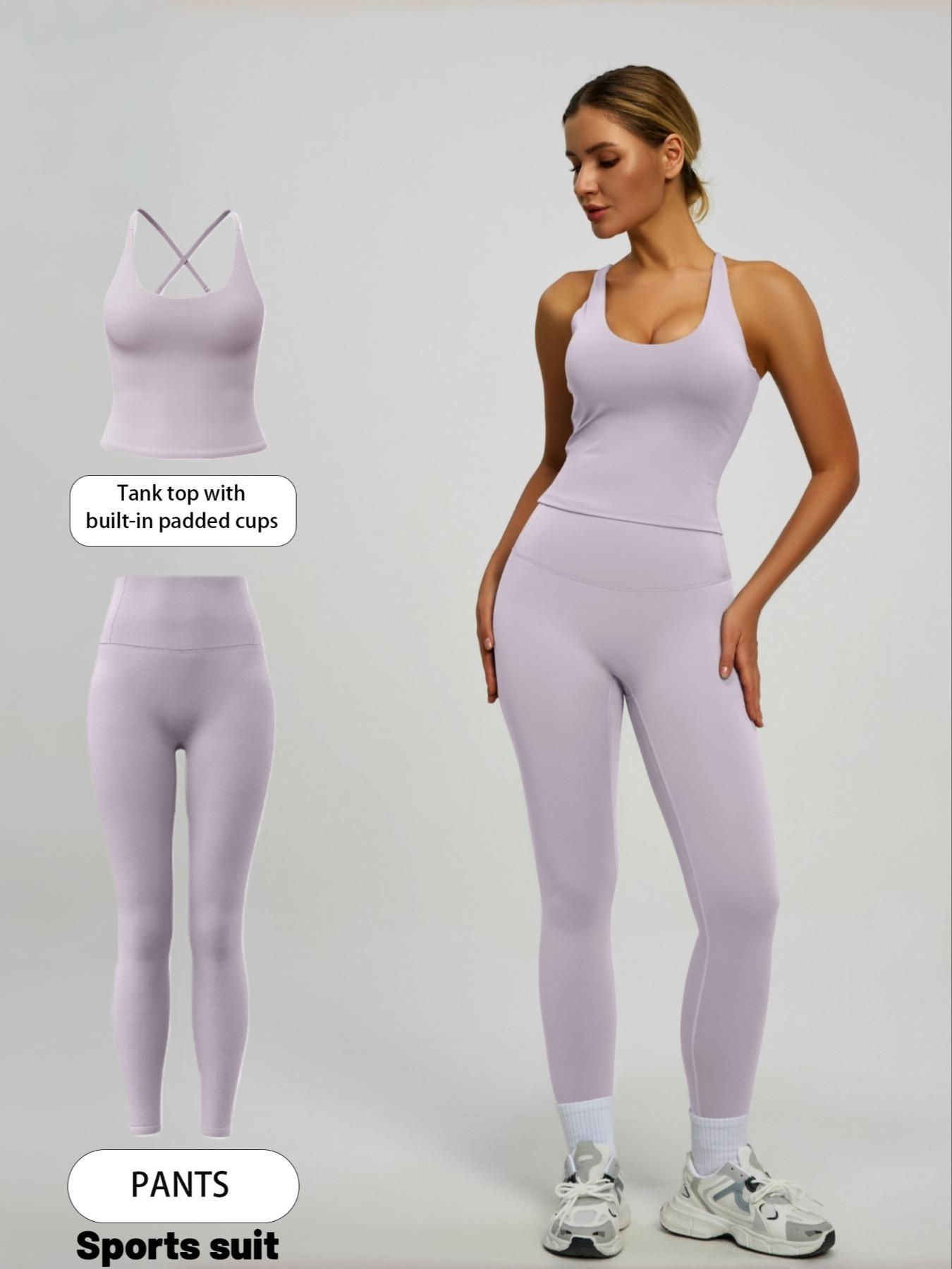 Women's 2-Piece Solid Color Sportswear Set, Sleeveless Backless Tank Top, High Waist Leggings, Slim Fit, Breathable Yoga Gym Outdoor Workout, Stretchable Activewear, Sports Fitness Wear