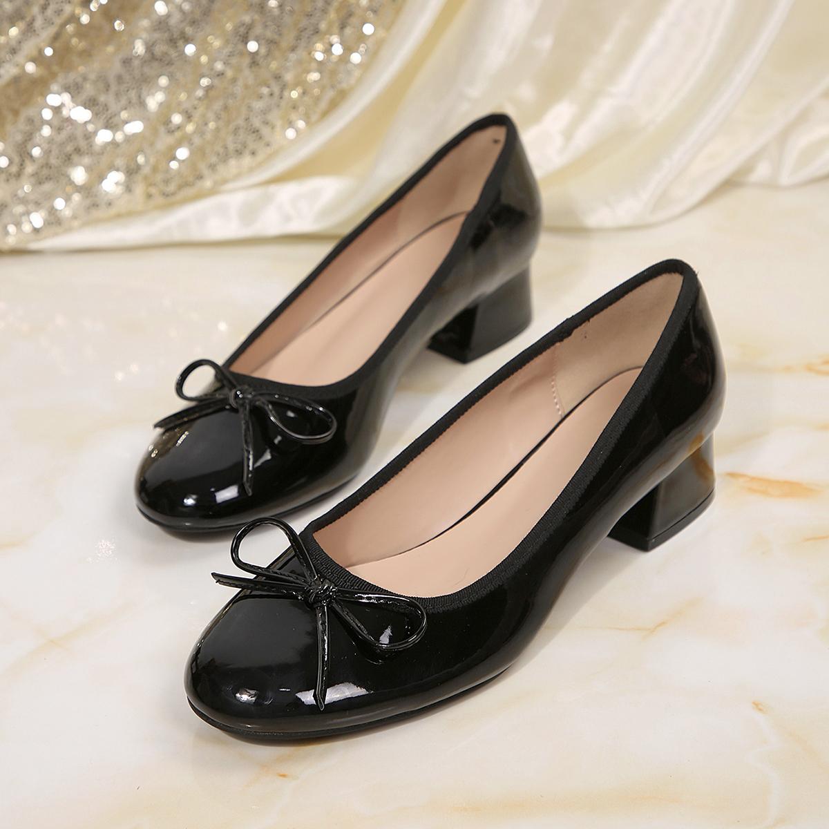 mysoft Women's Patent Leather Low Heel Pumps - Bow Accent Slip-On Heels for Women, Office, Wedding