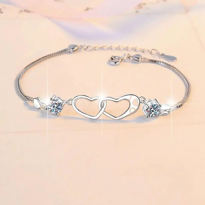 Women's Romantic Heart-Shaped Double Loop Bracelet PT950 Platinum 1CT Moissanite Elegant High-End Gift Jewelry