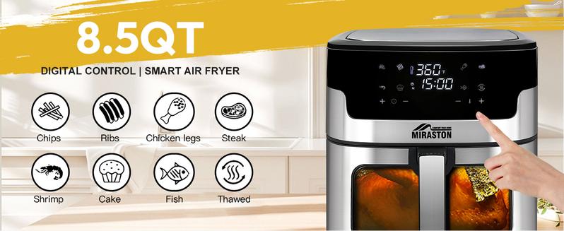 MIRASTON 8.5QT Large Capacity Digital Touchscreen Air Fryer, 8 Cooking Presets, Durable Stainless Steel, Visible Cooking Window, Nonstick Basket, 1500W, Holiday Haul