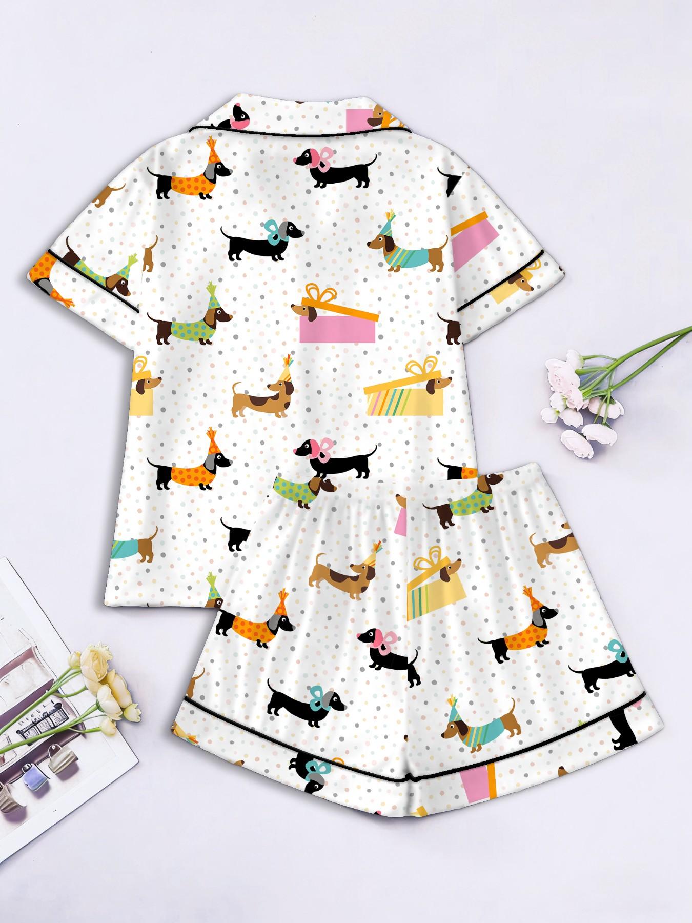 Women's Short Sleeve Button Down Top and Shorts Pajama Set, Spring Summer Wear, For Cute Girls, White Base Adorable Party Dog Print, Classic Lapel Collar, Loose Fit, Comfortable For Home & Gatherings