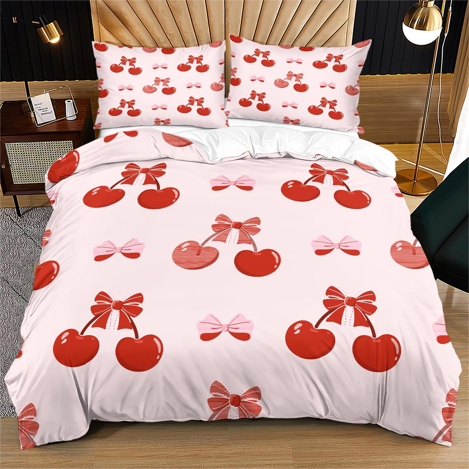 Cherry Bow Pattern Soft Durable Bedding Set, Includes 1 Fitted Sheet & Pillowcases, Perfect Gift for Teens Adults, Modern Bedroom Decor