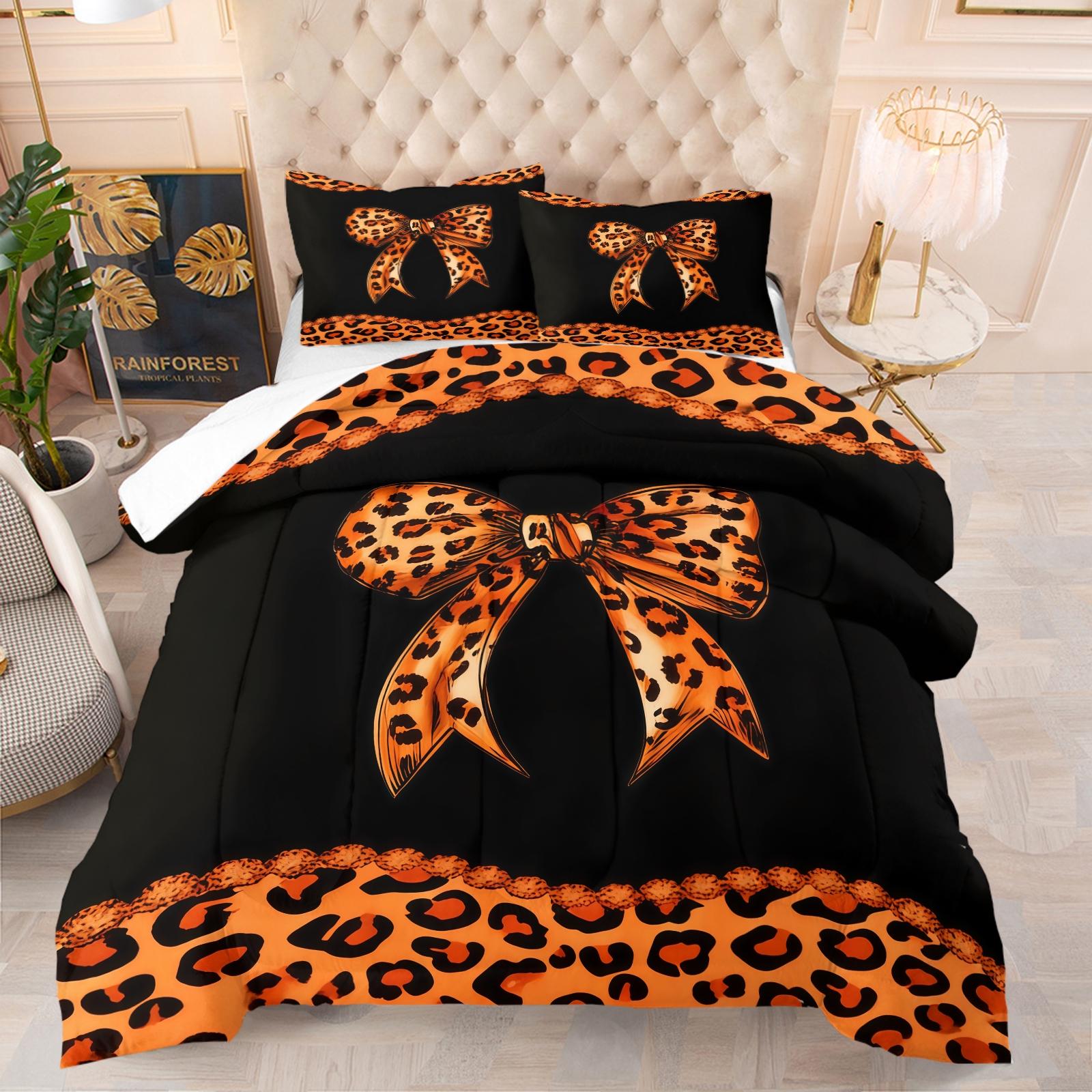 Leopard Print Bow Pattern Comforter Set, Soft And Durable Bedding Set, Including 1 Comforter And 1 Or 2 Pillowcases, Suitable For Children And Adults Daily Holiday Birthday Gifts Bedroom Decorations, Soft Bedding Sets