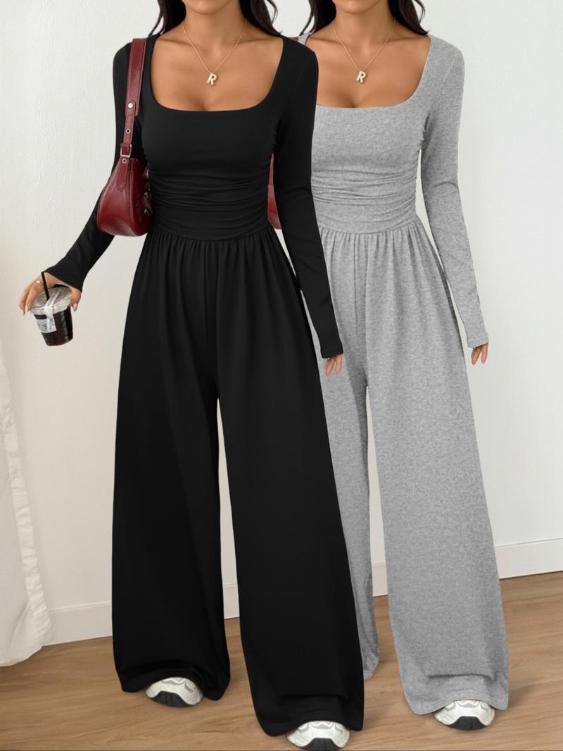 Women's 2-Piece Fall Winter Knit Solid Color Square Neck Fashion Comfortable Simple Versatile Long Sleeve Wide Leg Jumpsuit Set