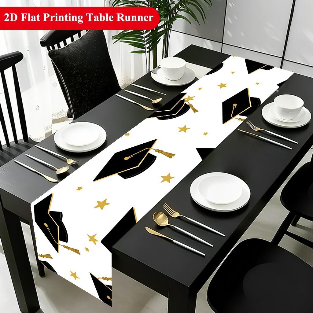 2D Table Runner, Graduation Hat and Stars Polyester Tablecloth, Festival Party Table Cover, Home Decor, Dining Table Decoration, Gift
