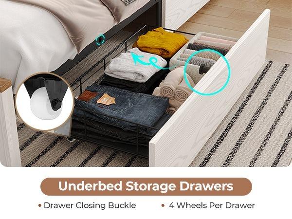 Sikaic LED Farmhouse Wooden Platform Bed Frame With Charging Station 2 Drawers & Storage Headboard Sliding Barn Door White Furniture Modern Bedroom Set Bedframes