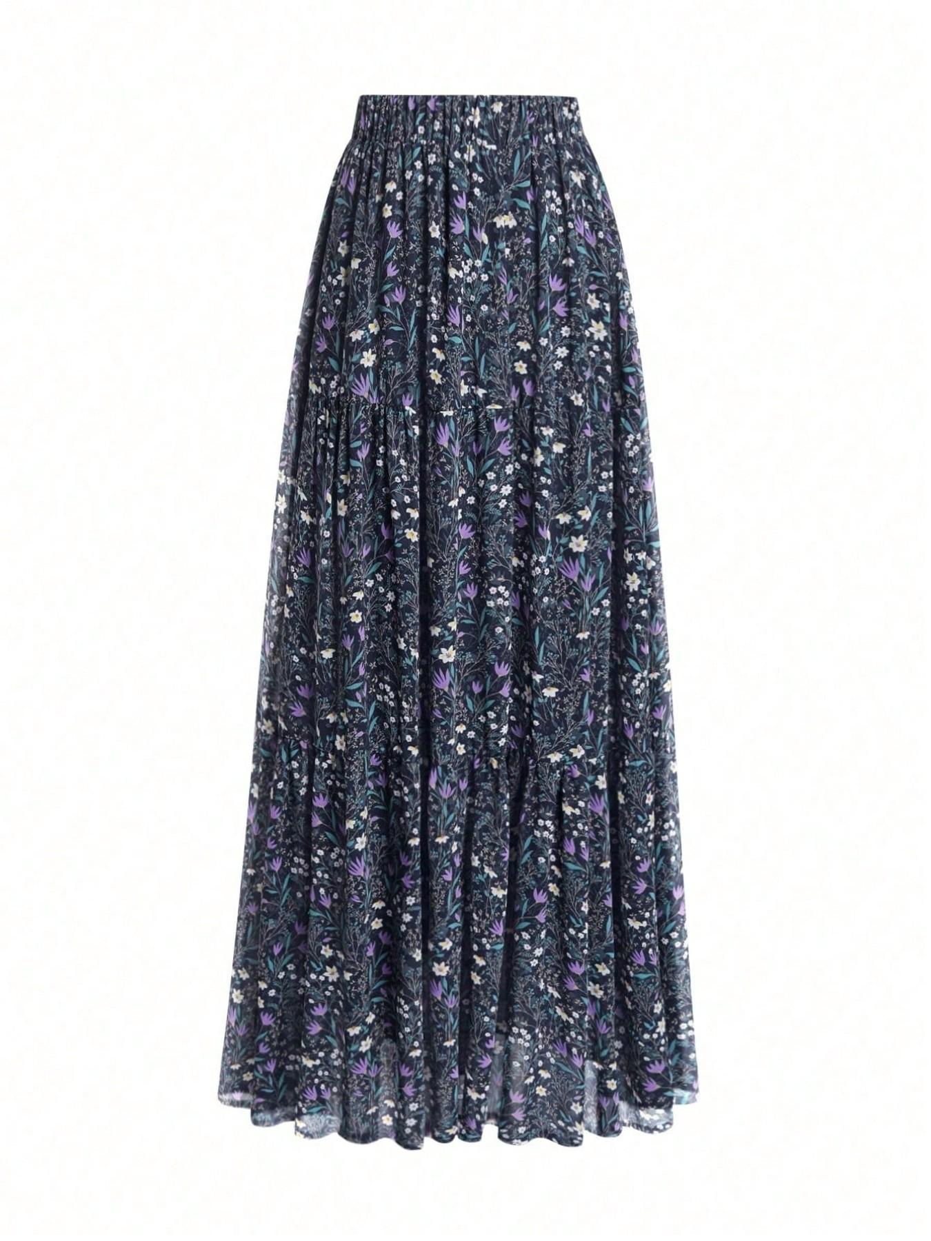 Women's Deep Blue Ditsy Floral Midi Casual Boho Skirt, High Waist A-Line Design, Casual Loose Fit, Long Knee-Length, Fashionable Summer Dress