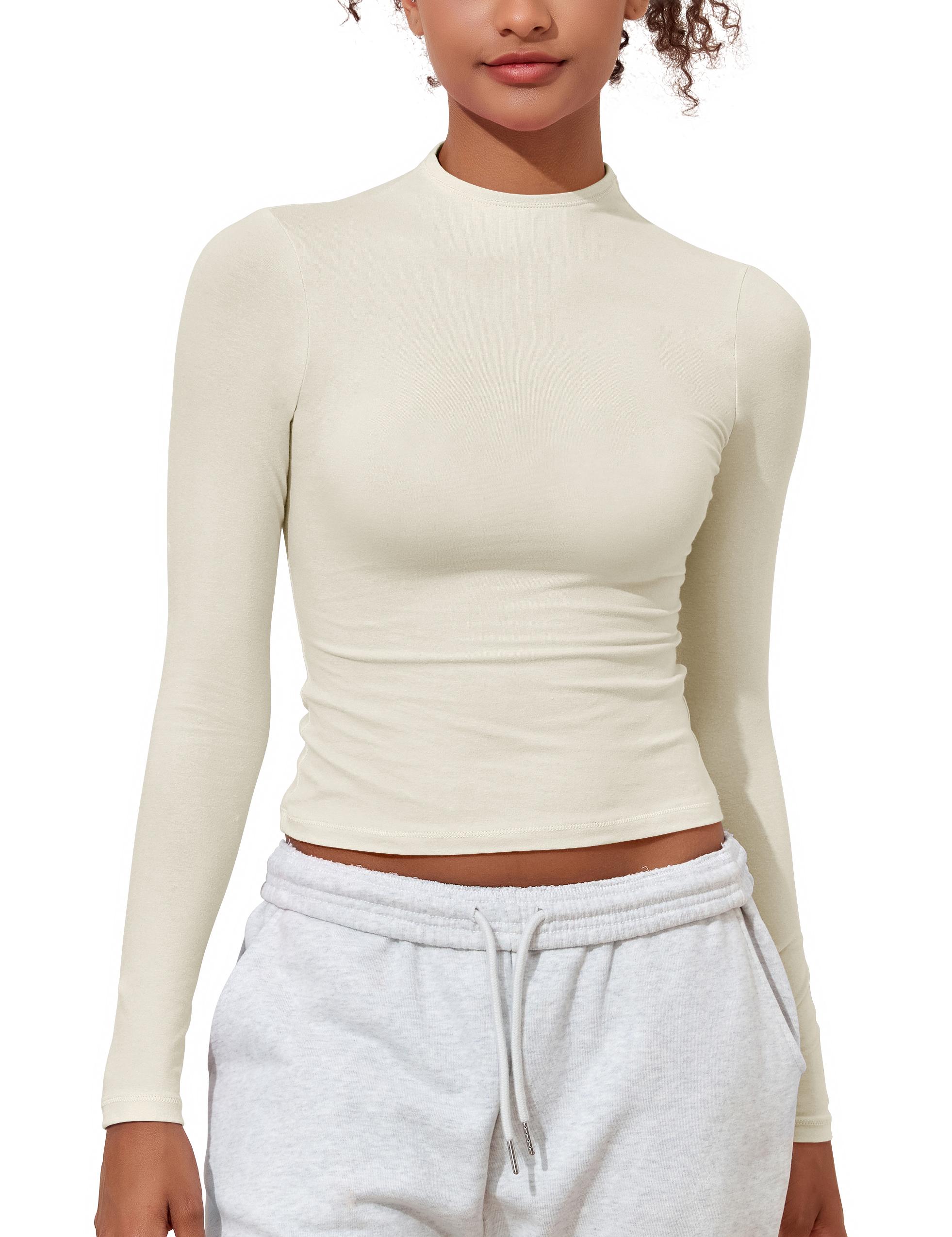 Hilor Women's Long Sleeve T Shirts Basic Cotton Mock Neck Tops Tight Fitted Going Out Crop Tops Y2K Tees Shirts