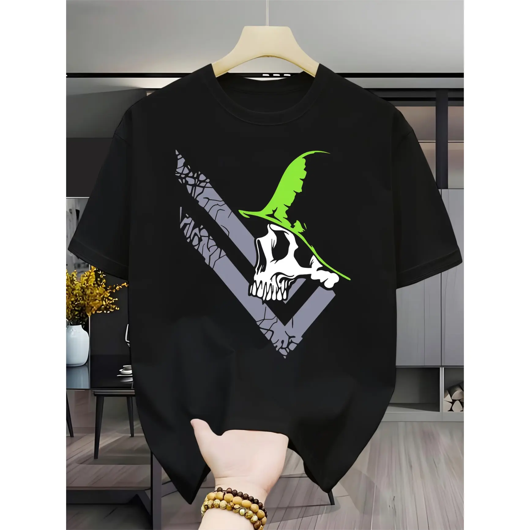 Witch Skull Green Wizard Hat Graphic Oversized Comfort Cotton Fashion Outfit Tee, Dark Gothic Spooky Shirt, Best Valentine Gift For Her Him, Holiday Present For Witchy Lover Family Friends