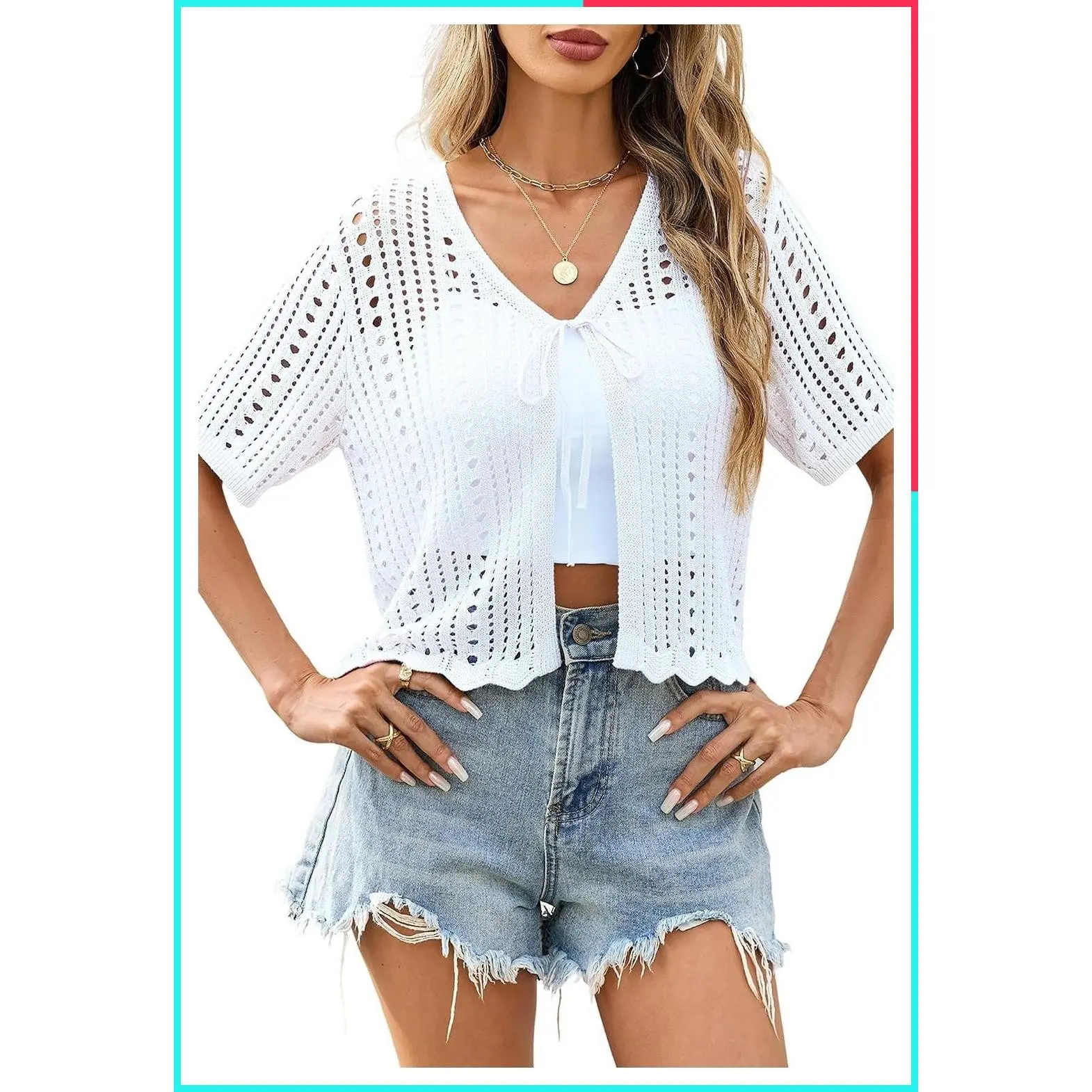 Women's Cropped Crochet Cardigan Short Sleeve Tie Front Sweater Top Lightweight Summer Bolero Shrug for Dresses