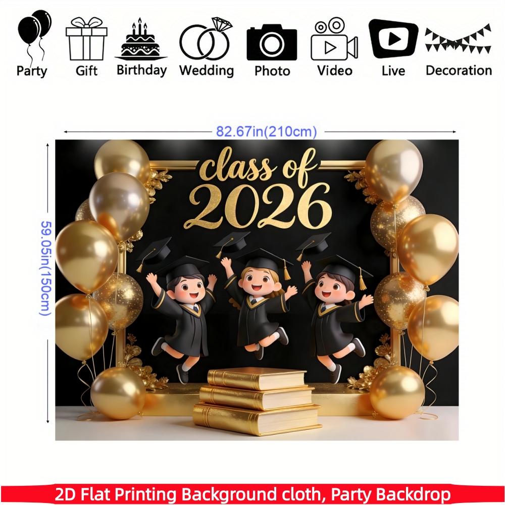 1-pack polyester fiber 2D flat printing 2026 graduation theme background cloth banner + door curtain three-piece set black gold balloon book design suitable for graduation parties, graduation ceremonies, studio shooting, classroom wall decoration