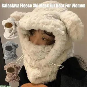 Balaclava Fleece Bear Fur Ski Mask for Women 3-In-1 Windproof Adjustable Polyester Solid Hat Scarf Thermal Face Cover, Cold Weather Head Gear for Skiing Snowmobiling Hiking Walking Daily Winter Use In Off White Brown Gray