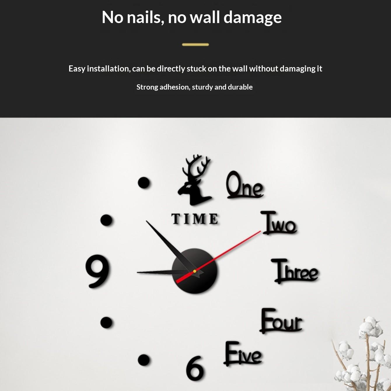 European Style DIY Creative Deer Clock, No-Drill Wall-Mounted Silent Clock for Living Room & Bedroom, Home Decor