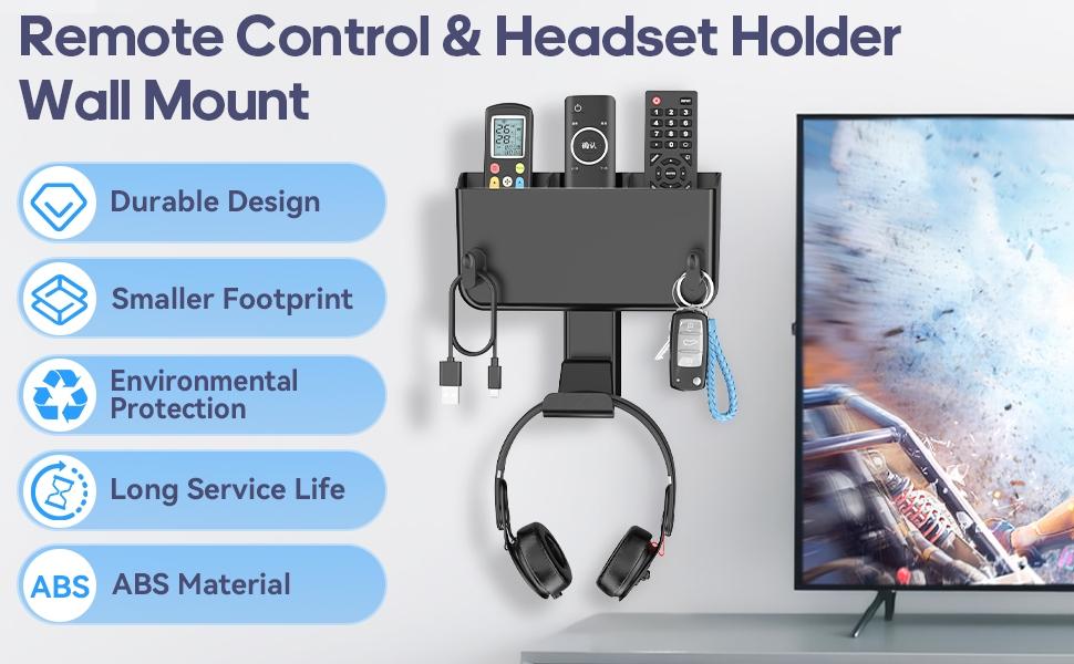 Adhesive Remote Control Holder Wall Mount with Headset Hanger, 3 in 1 Organizer TV/Fan Remote Caddy with Hook for Headphone, No Drill Controller Storage Bracket, Bed Wall Rack