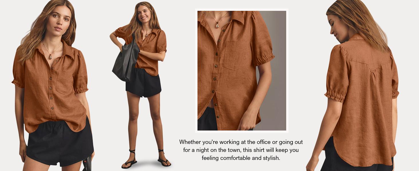 Cicy Bell Womens Puff Short Sleeve Button Down Shirts Summer Casual Collared V Neck Blouse Linen Loose Fit Work Tops Cicy Bell Womens Puff Short Sleeve Button Down Shirts Summer Casual Collared V Neck Blouse Linen Loose Fit Work Tops
