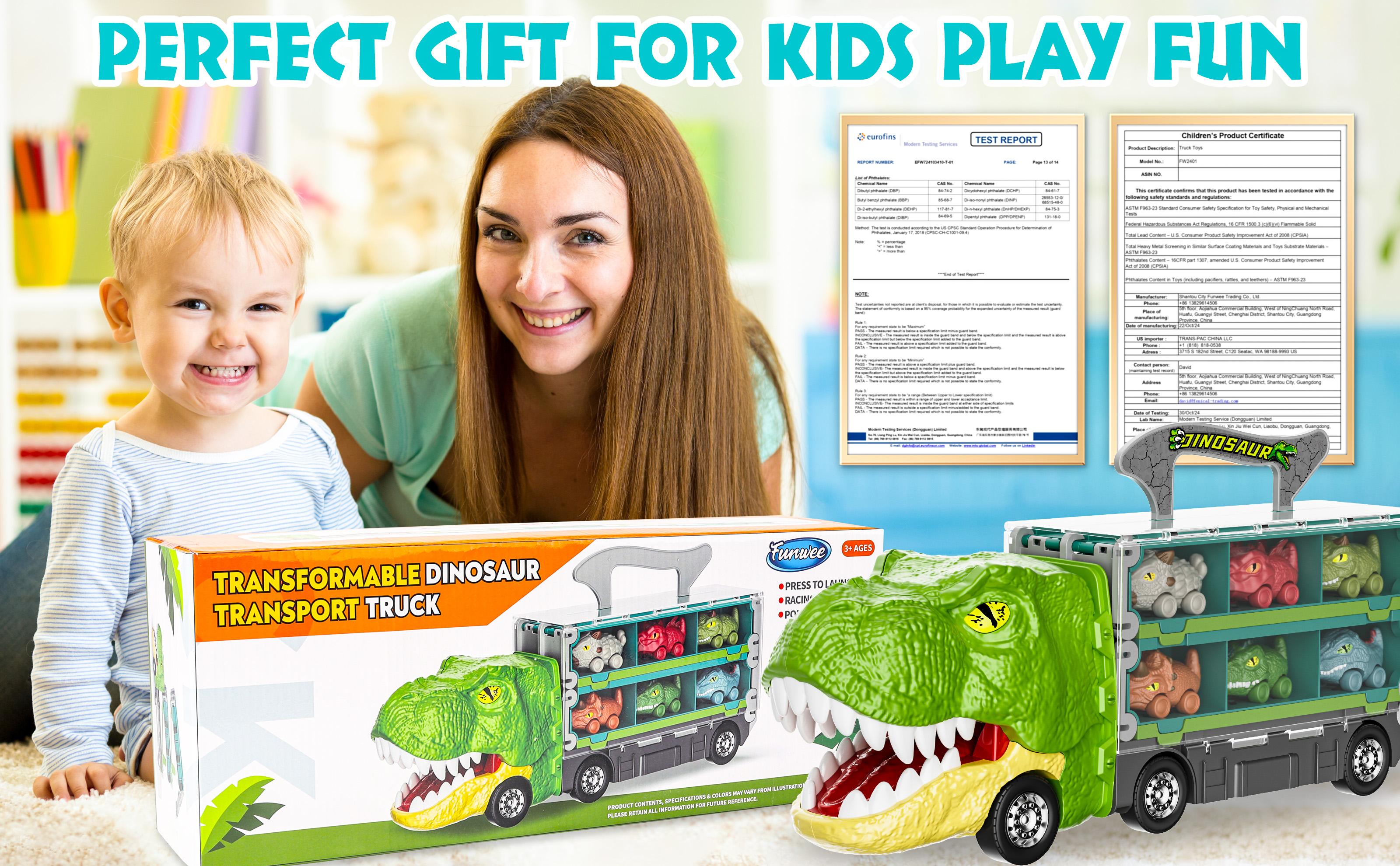 Dinosaur Truck Toys Princess car Unicorn car for Birthday Gift Idea, 2 Player Race Mode, Transport Carrier Toddler Toys for Kids, 63 Inch Foldable Race Track with 6 Dino Cars & 6 Die-cast Cars Durable Safety, kids christmas gifts