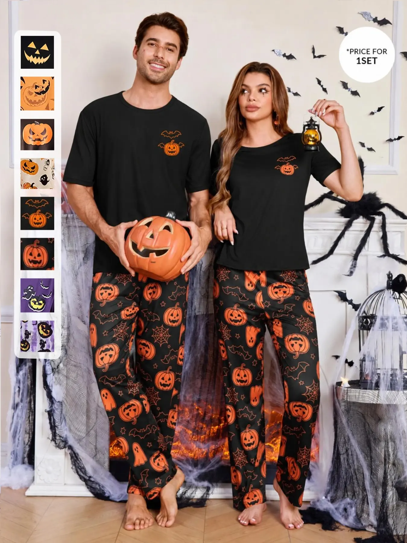 | 2-Piece Set | Couples Matching Halloween Pajamas, Pumpkin Bat & Ghost Print Short Sleeve T-Shirt and Long Pants, Sleepwear Loungewear for Men and Women