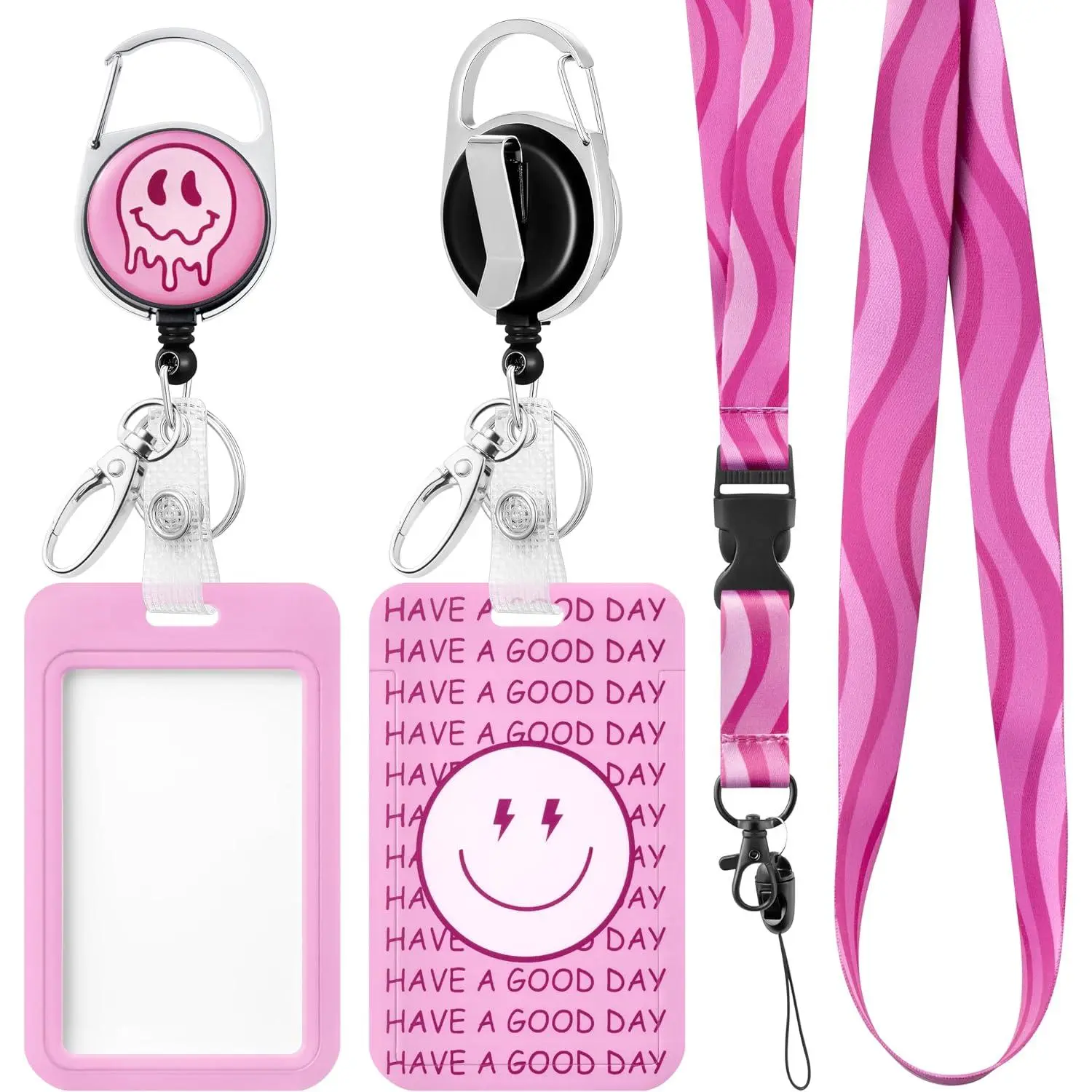 Smile ID Badge Holder with Breakaway Lanyard Badge Reel Preppy Aesthetic Name Tag Card Case Strap Retractable Reel Clip  to School Supplies for Girl Student Teacher Nurse  Office Worker