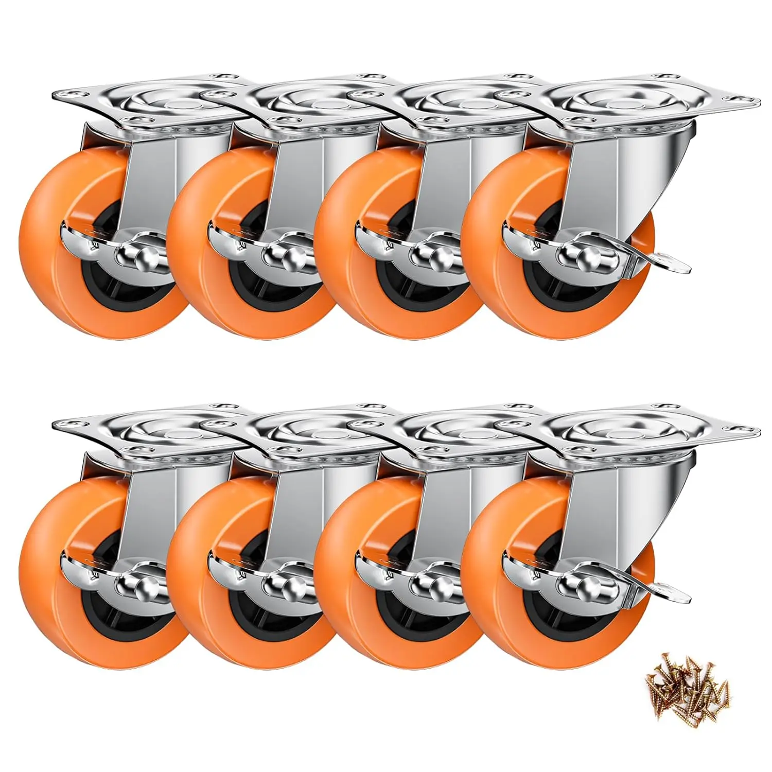 2 Inch Casters,  Caster Wheels with Side Brake, Locking Casters Set of 8, Industrial/Furniture Swivel Plate Caster Wheels for Workbench and Carts, Orange Polyurethane (PU) Castors (8 Pack)