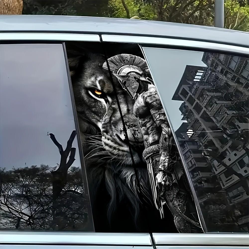 Ancient Greek Warrior Style Car Sticker - Black & White Spartan Warrior & Lion Graphic Car Side Window Personalized Modification Decal