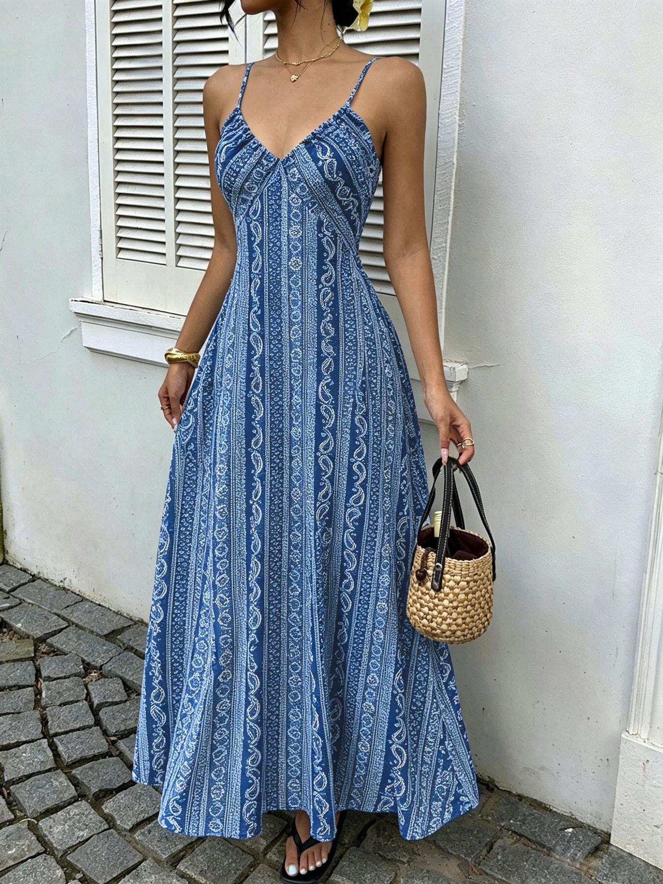 Women's Printed Split Long Sleeveless Dress, Classic Stripe Design, Backless Criss Cross Strap, Spring Summer Fall Wear, Casual Boho Elegant Bohemian Style Womenswear, Boho Summer Dresses Women's Printed Split Long Sleeveless Dress, Classic Stripe Design, Backless Criss Cross Strap, Spring Summer Fall Wear, Casual Boho Elegant Bohemian Style Womenswear, Boho Summer Dresses
