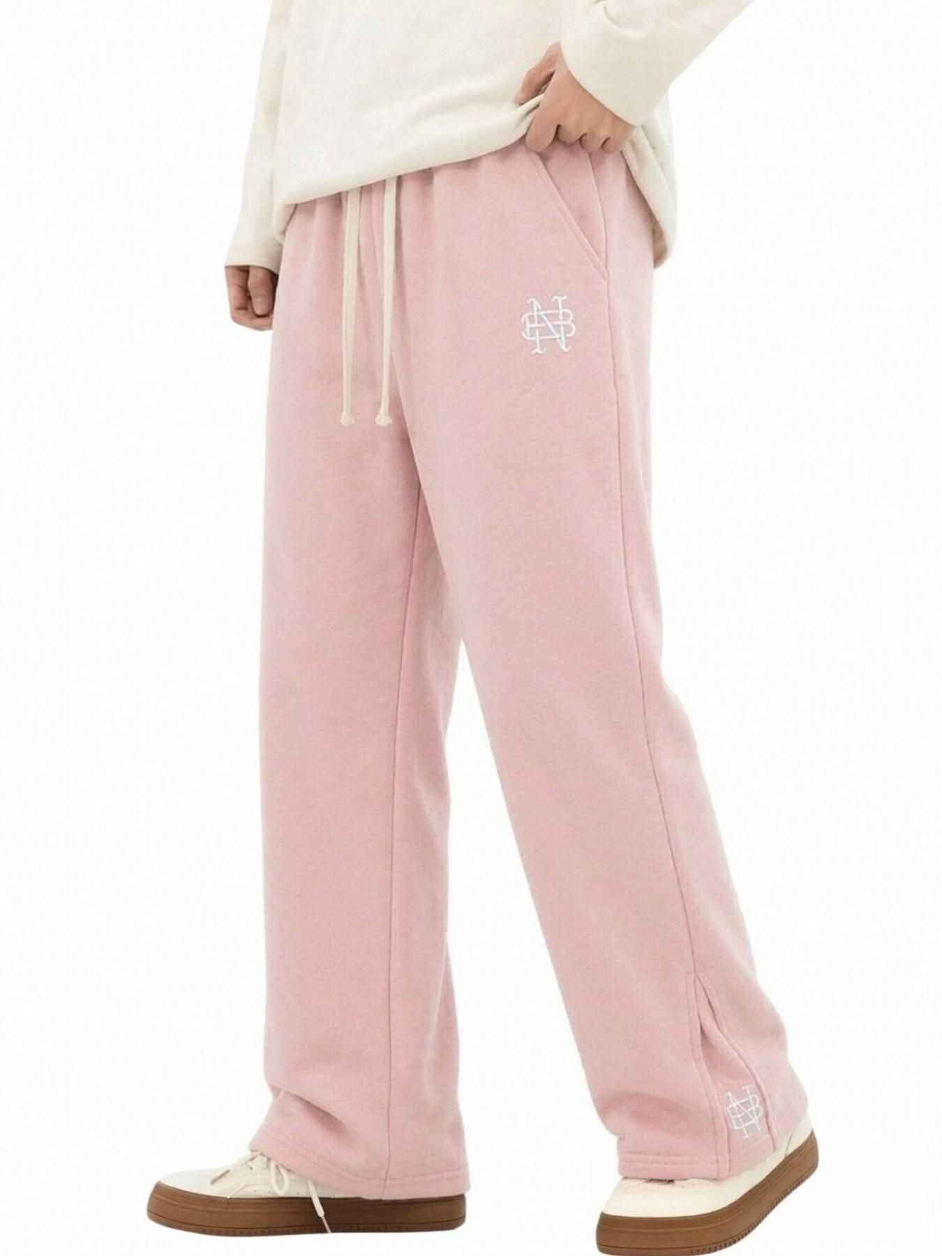 Men's Simple Embroidered Wide Leg Sweatpants, Loose Straight Drawstring Waist Sweatpants Sports Pants, Soft Casual Street Running Pants, Street Style Sweatpants, Fall Winter Wear