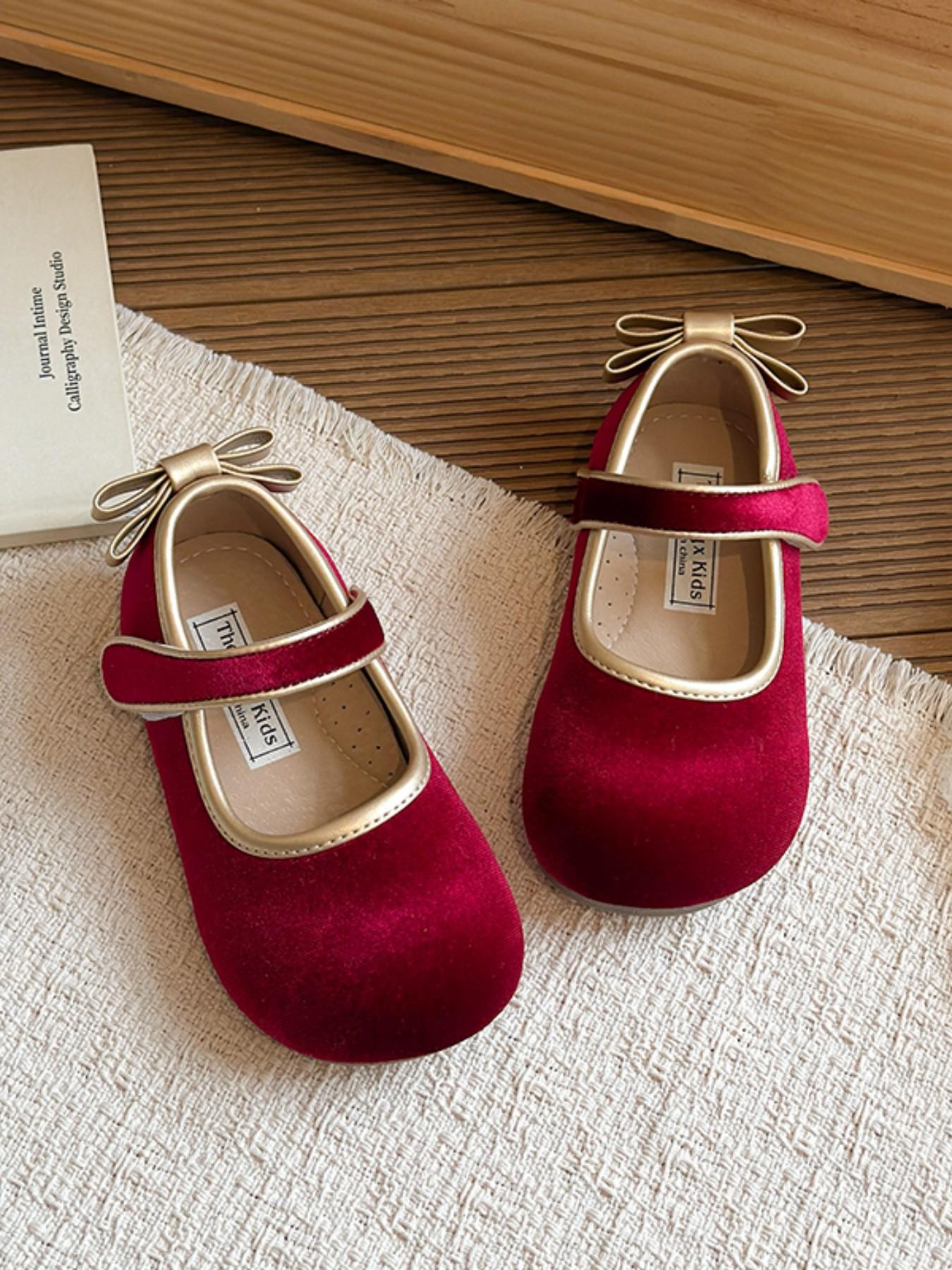 Girls' Velvet Gold Trim Mary Jane Shoes, Soft Sole Anti-Slip Round Toe Flat, Elegant Princess Shoes for Performances/proms