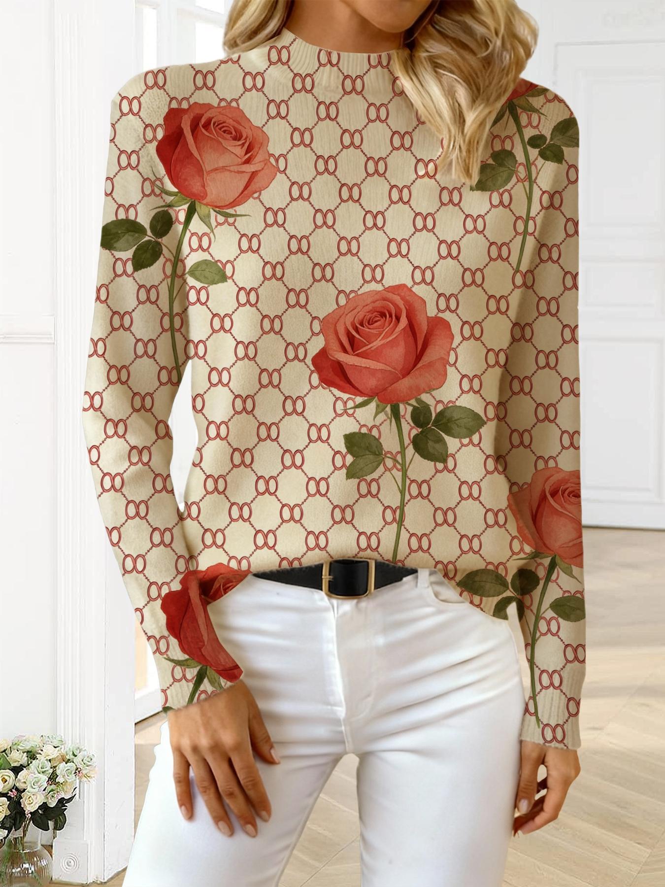 Women's Geometric Floral Print Stand Collar Sweater, Casual Long Sleeve Knitwear for Fall Winter, Comfortable Warm Daily Wear