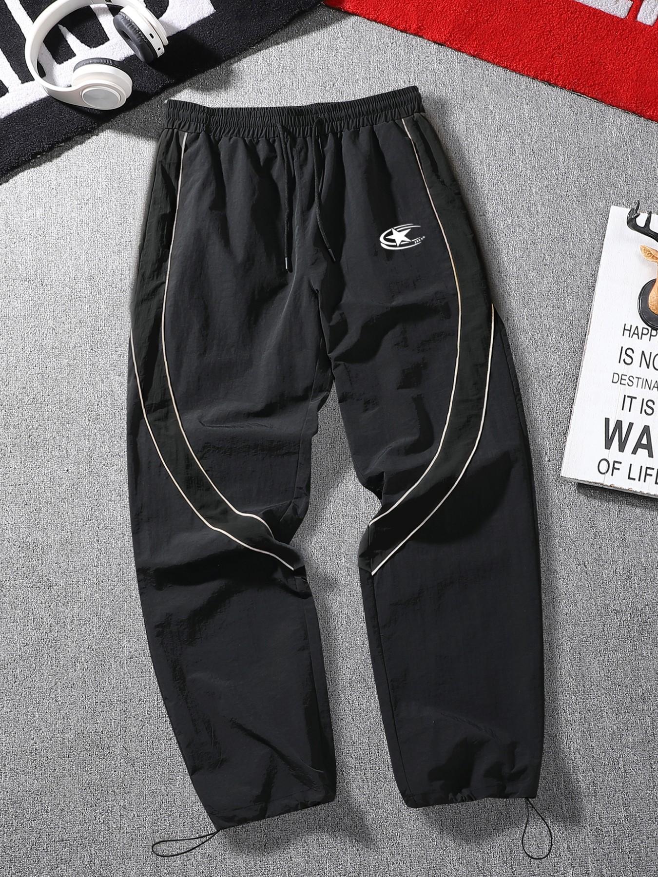 Men's Fashion Print Casual Outdoor Pants, Loose Fit Gym Shorts, Waist Drawstring, Elastic Cuff Design, Nylon Fabric, Lightweight Comfort, Casual Sporty Trousers, Outdoor Sports Pants