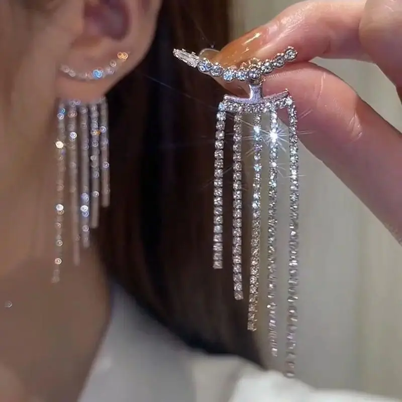 Korean Full Rhinestone Long Tassel Drop Earrings for Women Exquisite Luxury Zircon Crystal Earrings Female Jewelry