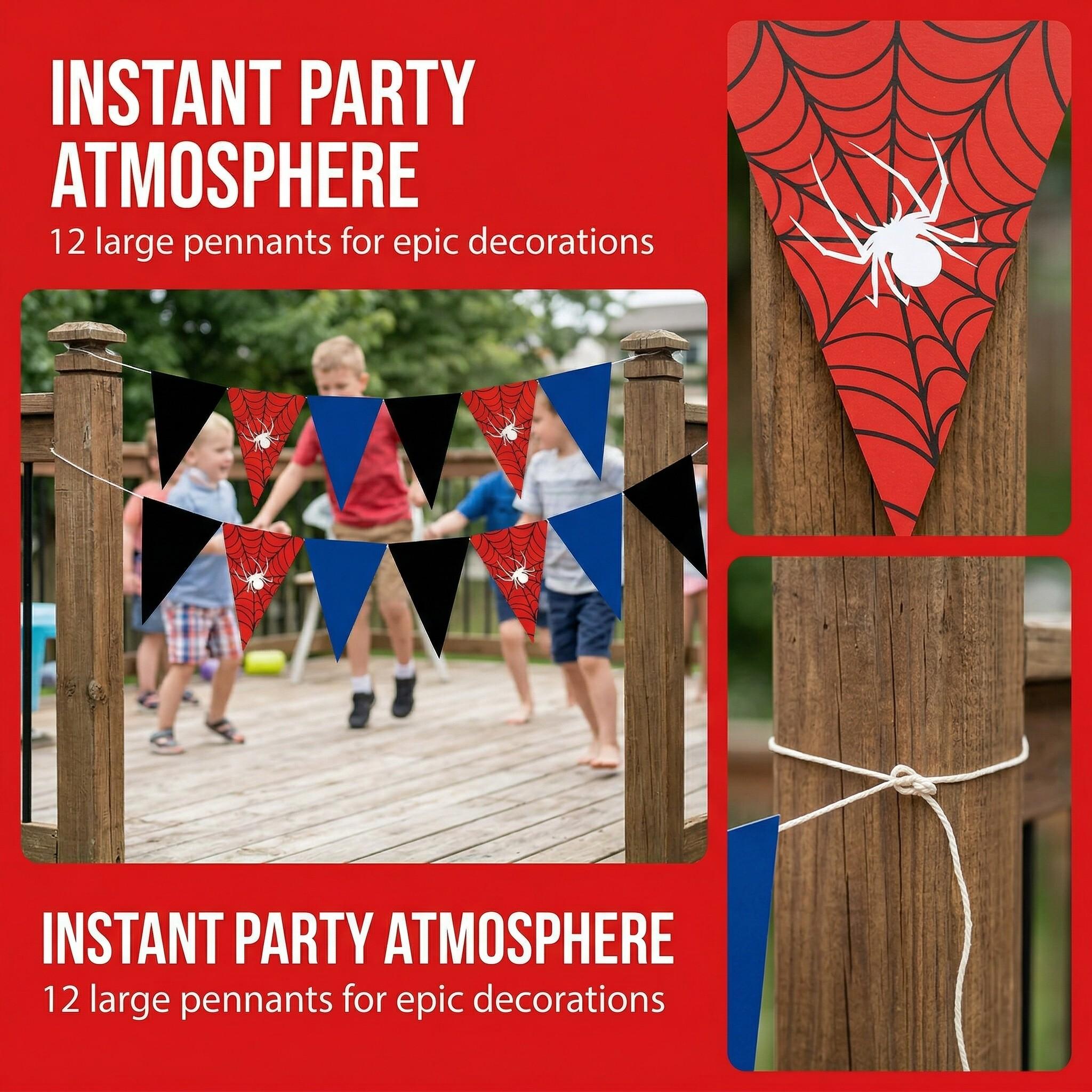 12pcs set of spider-themed Halloween party supplies Happy Birthday banner party decorations, classic red, blue, and black color scheme with Spider Web pattern design triangular flags, home wall decoration, wedding anniversary, holiday celebration supplies