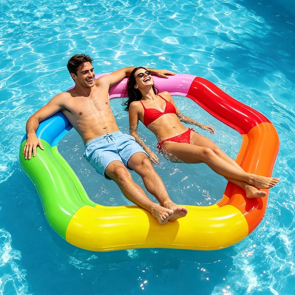 Large Hexagonal Mesh Inflatable Float Bed, 70" X 62" Summer Pool Float with Pillow, 4-In-1 Multi Purpose Inflatable Sunbathing Raft, Party Gift, Adult Double Use, Pool Floats Lounger, Pool Floater, Inflatable Water Lounger