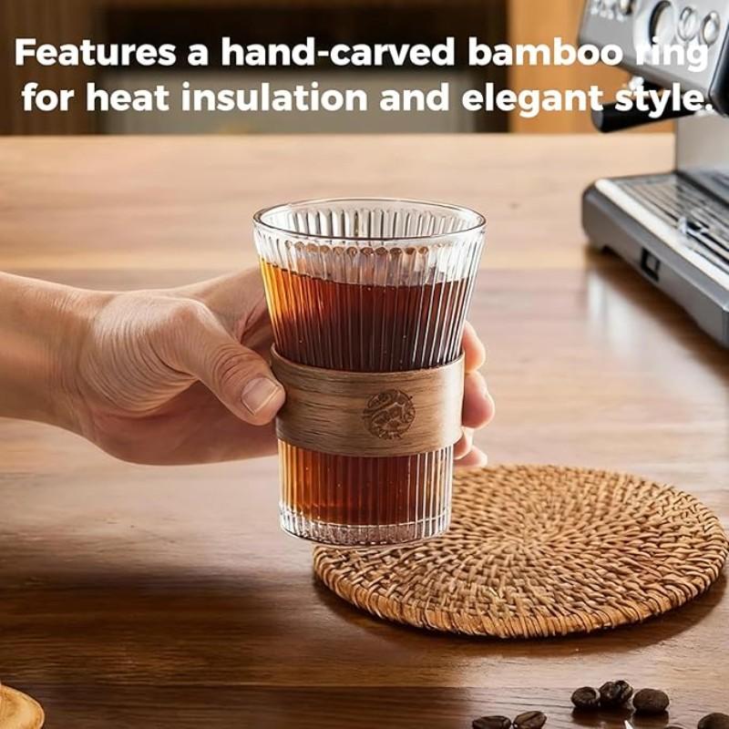 2pcs 320ML Glass Coffee Cups with Bamboo Sleeve, Espresso Drinking Set, Home Essential Glassware, Clear Cups for Beer, Cocktail, Tea, Latte