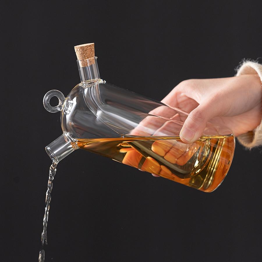 2-In-1 Glass Olive Oil & Vinegar Dispenser with Cork Stopper, Transparent Kitchen Cooking Container, Dual Nozzle Design, Kitchen Essentials