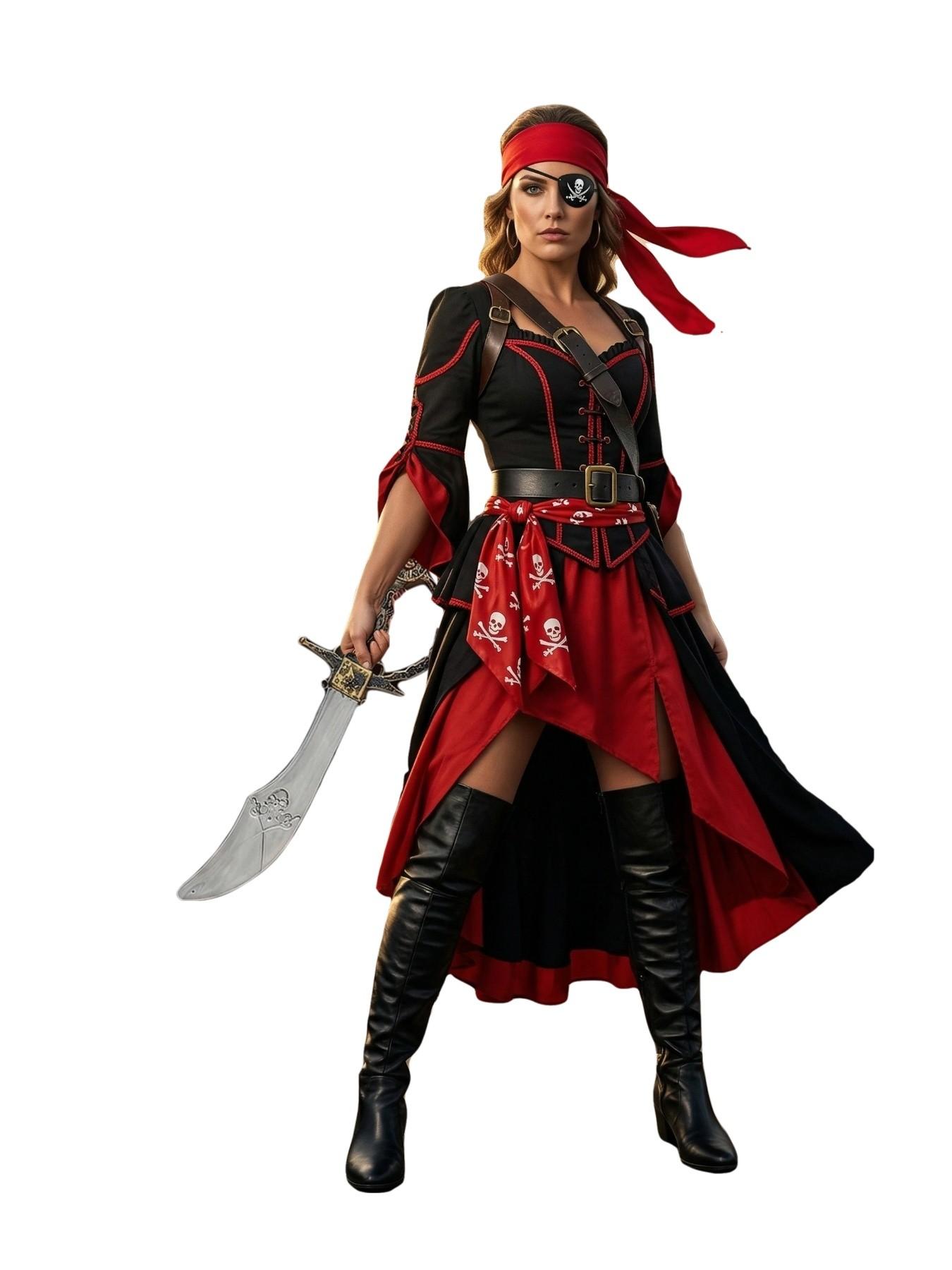 3-Piece Pirate Costume Set for Women and Men, Halloween Party Accessories, Pirate Hat Eye Mask Fake Knife, Role Play Cosplay