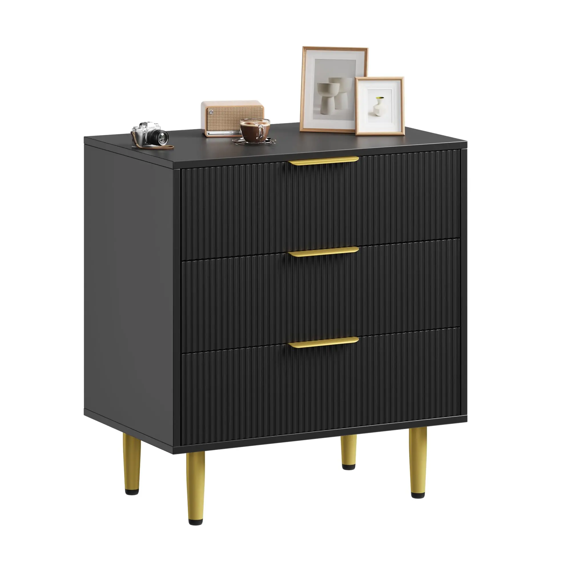 Garvee Rectangular Ribbed MDF Wooden Dresser Drawer Unit with Legged Base, 3 Smooth-Glide Drawers, Metal Handles, Black Finish - Indoor Storage Furniture for Bedroom, Living Room