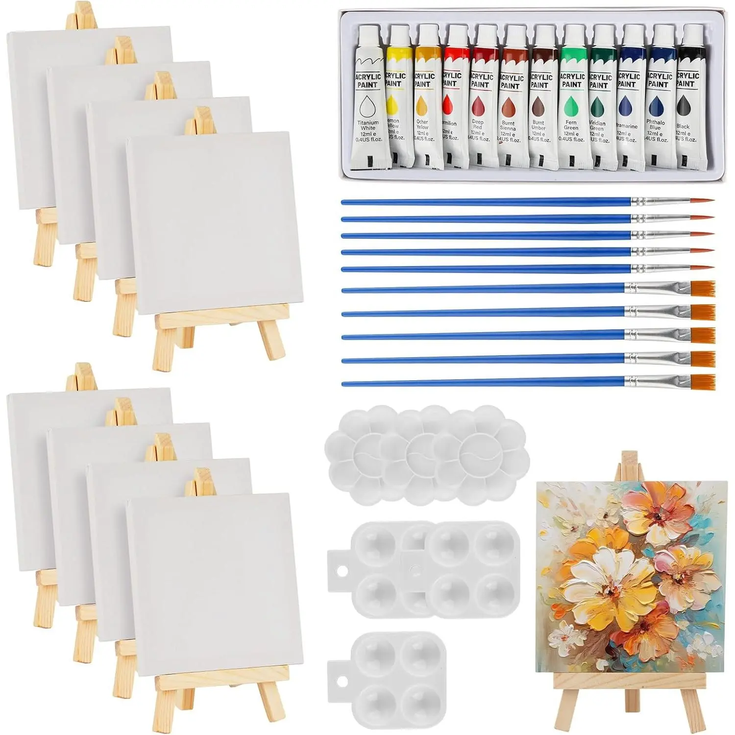 44-Piece Mini Canvas & Easel Set, Kids' Art Supplies with 4x4 in Canvases, Brushes, Palette, Acrylic Paints & Wooden Easels for Artists' Art Parties