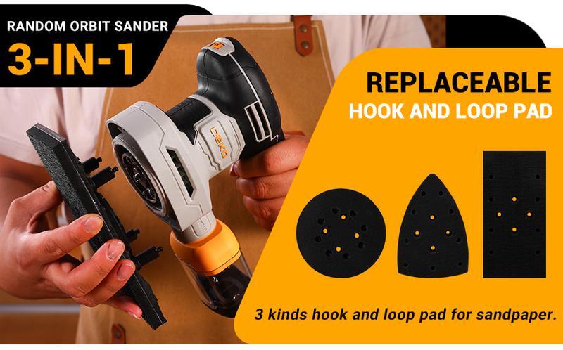 DEKO 300W 3-in-1 Orbital Sander, 6 Adjustable Speeds (7000-13000 RPM), with Dust Collection Box, 3 Hook and Loop Pads, and 15 Sandpapers, Quick Sandpaper Replacement, Electric Sanding Tool for Woodworking, Home Improvement, and DIY Projects.