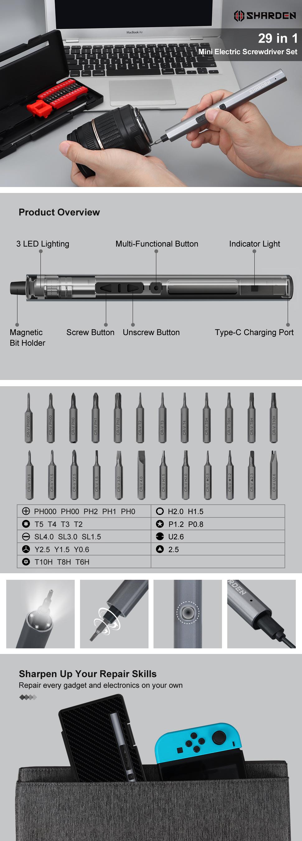 SHARDEN Mini Electric Screwdriver,29 in 1 Small Electric Screwdriver Kit with 24 Magnetic Bits,Precision Screwdriver Cordless Repair Tool for Phone Camera Laptop Watch repair tool SHARDEN Mini Electric Screwdriver,29 in 1 Small Electric Screwdriver Kit with 24 Magnetic Bits,Precision Screwdriver Cordless Repair Tool for Phone Camera Laptop Watch repair tool
